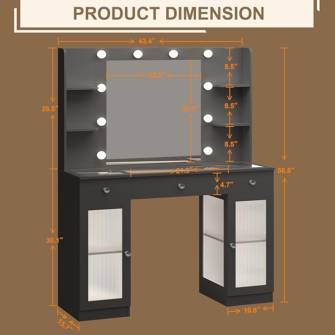 Makeup Vanity with Glass Top, Black Vanity Desk with Mirror and Lights, Big Vanity with Drawers & Cabinets for Bedroom, Cute Vanity with Crystal Knobs & Power Outlet for Women, Girls