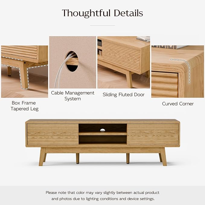 59" TV Stand, Mid Century Modern Television Stand for 43/55/65 inch TV, Low Profile TV Console with Fluted Sliding Doors, Boho Light Wood Credenza for Living Room, Oak