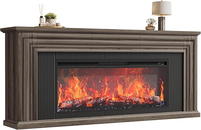 PRAISUN 70'' Fireplace TV Stand with 42'' Electric Fireplace, Farmhouse TV Stand for 65 75 Inch TV, Entertainment Center TV Console with 3 Drawers, Fluted Design, for Living Room, Gray Oak