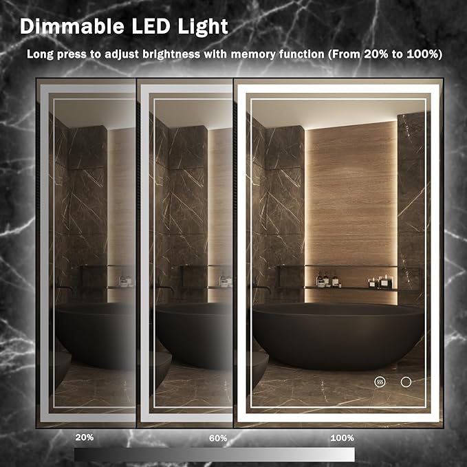 24" x 40" LED Bathroom Mirror with Lights Framed LED Mirror for Bathroom Backlit and Front Lighted Bathroom Mirror Black Square Aluminum Frame Anti-Fog Dimmable Vanity Adjustable Memory