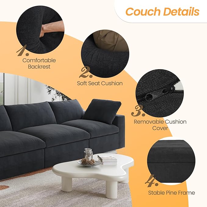 JACH Modular Sectional Couches for Living Room, Modern Convertible Couch, Comfy Love Seat Sofas, Covers Removable, Modern Sectional Sofa for Living Room Apartment (Black)