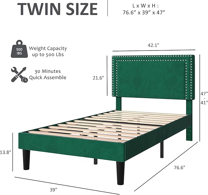VECELO Twin Size Platform Bed Frame with Adjustable Upholstered Headboard, Strong Wood Slat Support, No Box Spring Needed, Easy Assembly