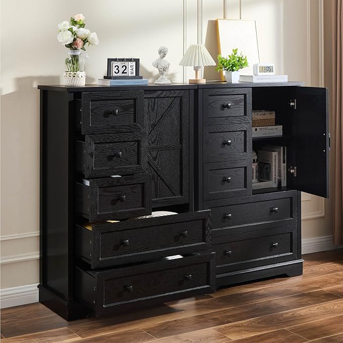SOOWERY Dresser for Bedroom, Farmhouse Dresser with 5 Wooden Drawers and Storage Cabinet, 48 Inches Tall Chest of Drawers for Bedroom, Living Room, Hallway, Black