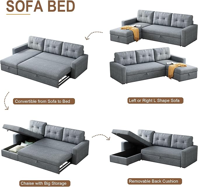 Upholstered Sleeper Sofa, L Shaped Sectional Couch with Reversible Storage, Convertible Corner Lounge Couches w/Pull Out Sofabed for Living Room, Apartment,Light Grey