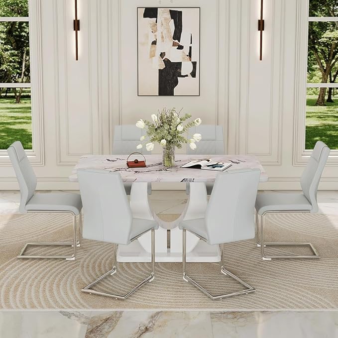 Dining Table Set for 6, Kitchen Table Chairs Set of 6, Modern Dining Room Set 63'' Faux Marble Dinner Table PU Leather Upholstered Chairs for Kitchen