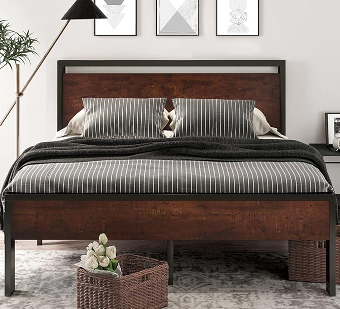 SHA CERLIN 14 Inch King Size Metal Platform Bed Frame with Wooden Headboard and Footboard, Mattress Foundation, No Box Spring Needed, Large Under Bed Storage, Mahogany