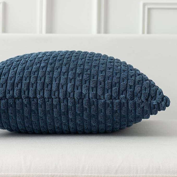 Kevin Textile Pack of 2 Blue Corduroy Decorative Throw Pillow Covers 24x24 Inch Soft Boho Striped Pillow Covers Modern Farmhouse Home Decor for Autumn Sofa Living Room Couch Bed