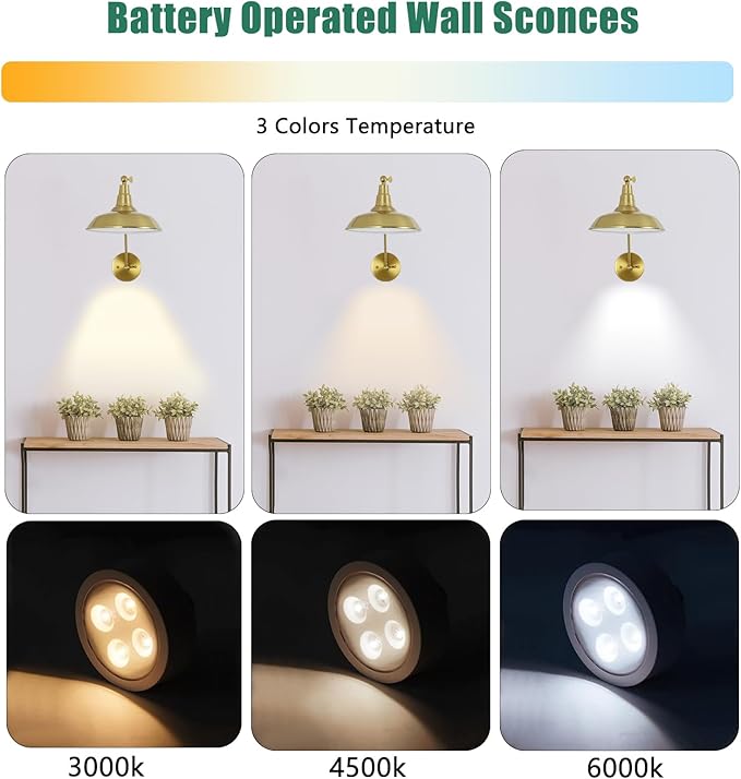 Gold Vintage LED Wall Sconce Set of 2, Wireless Battery Powered Wall Sconce with Remote Control, Dimmable Lighting for Bedroom, Hallway, Farmhouse Indoor Wall Sconce