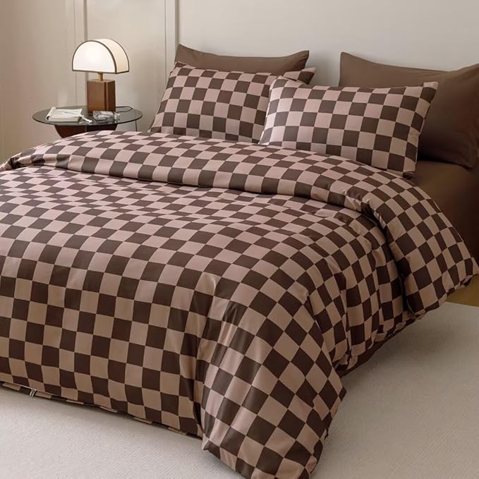 CLOTHKNOW Brown Plaid Full Size Comforter Sets Grid Bedding Comforter Sets Soft Geometric Checker Comforter with 2 x Pillow Cases