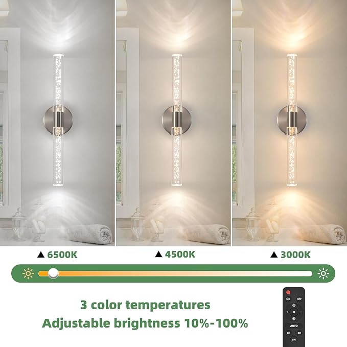 Modern LED Battery Operated Wall Sconces Set of Two, Dimmable Bathroom Crystal Wall Sconce, USB Rechargeable Brushed Nickel Vanity Wall Lamp, Bubble Wall Lights For Bedroom, Living Room. 20-Inch