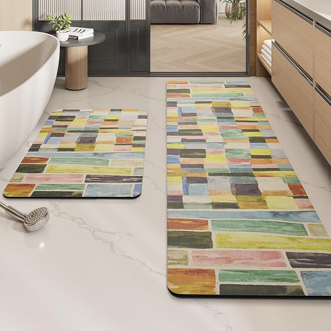 MontVoo -Bath Mat-Non Slip Thin Bathroom Rugs Fit Under Door- Quick Dry Absorbent Faux Suede Surface Grey Bathroom Floor Mats-Shower Rug for in Front of Bathtub Shower Colorful Plaid 17x59