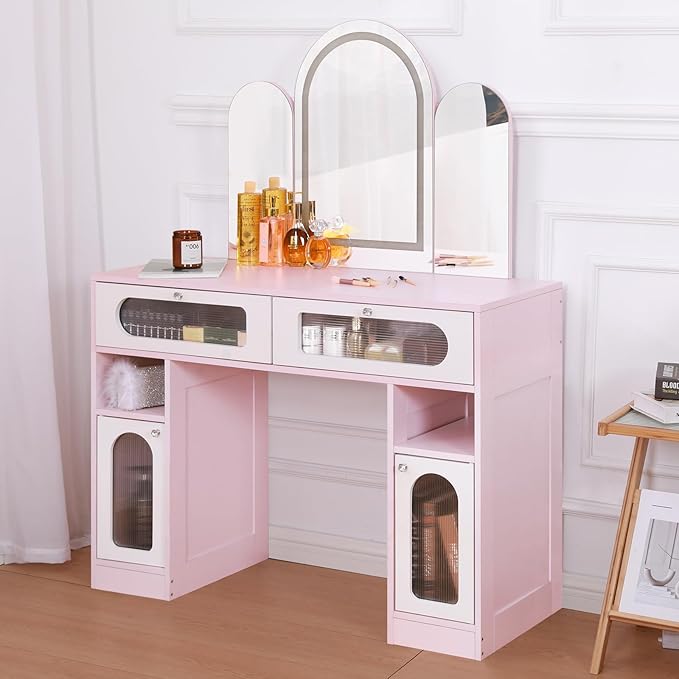 Vanity Desk with Arched Tri-Fold Mirror, Dimmable Vanity Table, LED RGB Makeup Vanity with 2 Drawers, 2 Open Storage Area & 2 Cabinets, Gifts for Girls/Women, Dressing Table (Pink)