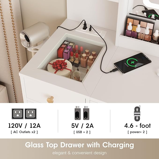 Vabches Vanity Desk with Mirror and Lights, 5 Drawers Makeup Vanity Table with Storage Chair, 44.9in Big Vanity Dresser 3 LED Lighting Modes,Power Outlet,Bedroom White