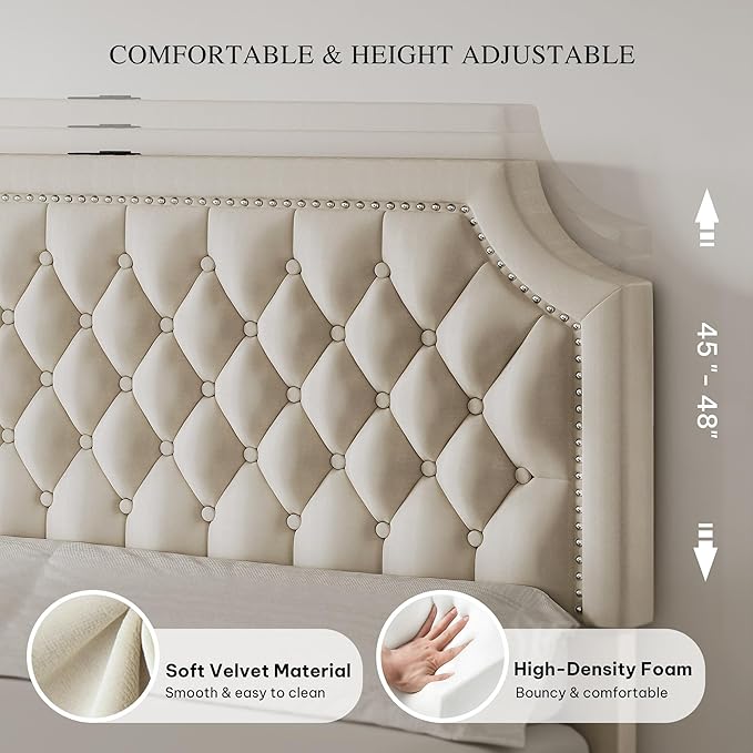 YITAHOME Full Size Bed Frame with Adjustable Headboard, 4 Storage Drawers and Charging Station, Velvet Upholstered Bed Frame with Button Tufted, No Box Spring Needed, Fast Assembly, Noise-Free, Beige