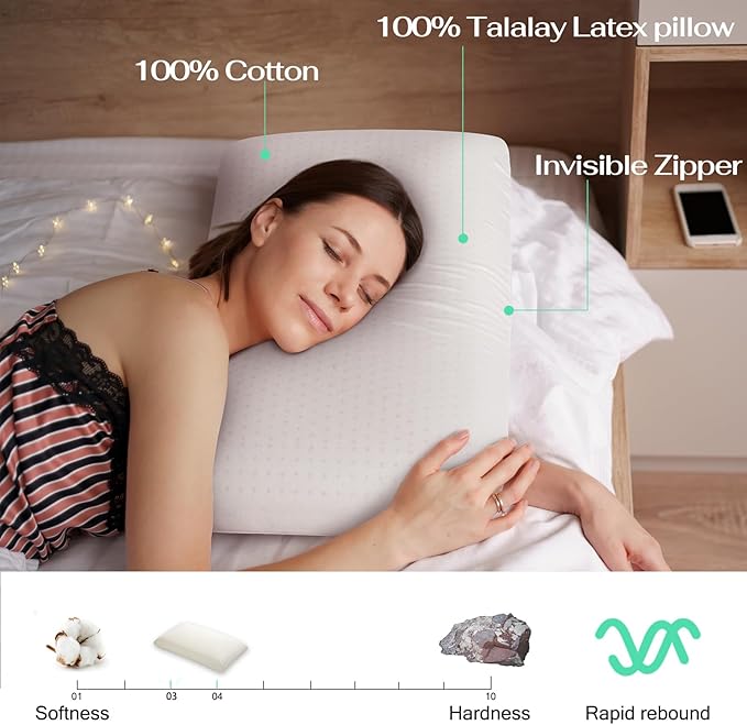 Talalay 100% Natural Premium Latex Pillow, Queen Bed Pillow with Removable Cotton Cover, Helps Relieve Pressure, Sleeping Pillow Suitable for Back and Side Sleepers and as Travel Pillow (King)