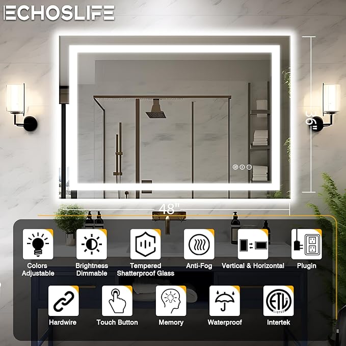 48"x36" LED Bathroom Mirrors for Wall, Front and Backlit Mirror, Anti-Fog Vanity Mirror with Lights, Stepless Dimmable Lighted Mirror, 3 Colors Smart Mirror (Horizontal/Vertical)