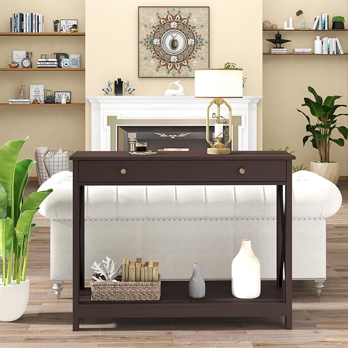 Treocho Black Console Table with Drawer and Storage Shelves, Foyer Sofa Table Narrow for Entryway, Living Room, Hallway