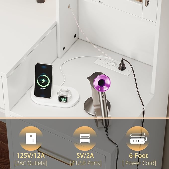 White Vanity Desk with Mirror, Lights & Charging Station, 58.3" 3 Lighting Modes Makeup Desk with 8 Drawers, 2 Cabinets and Lots Storage, Dressing Table Vanity Set with Lighted Mirror