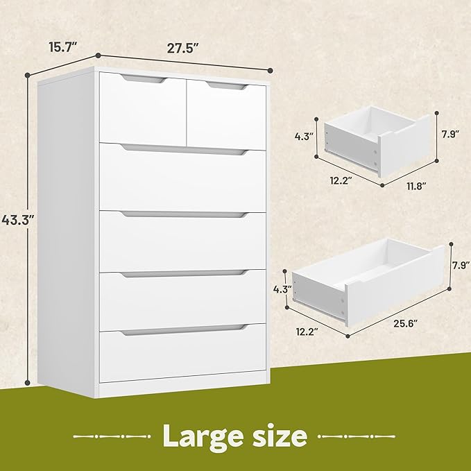 6 Drawer Dresser for Bedroom Tall Chest of Drawers for Hallway, Closet,White,43.2" H X 27.6" W X15.6 D