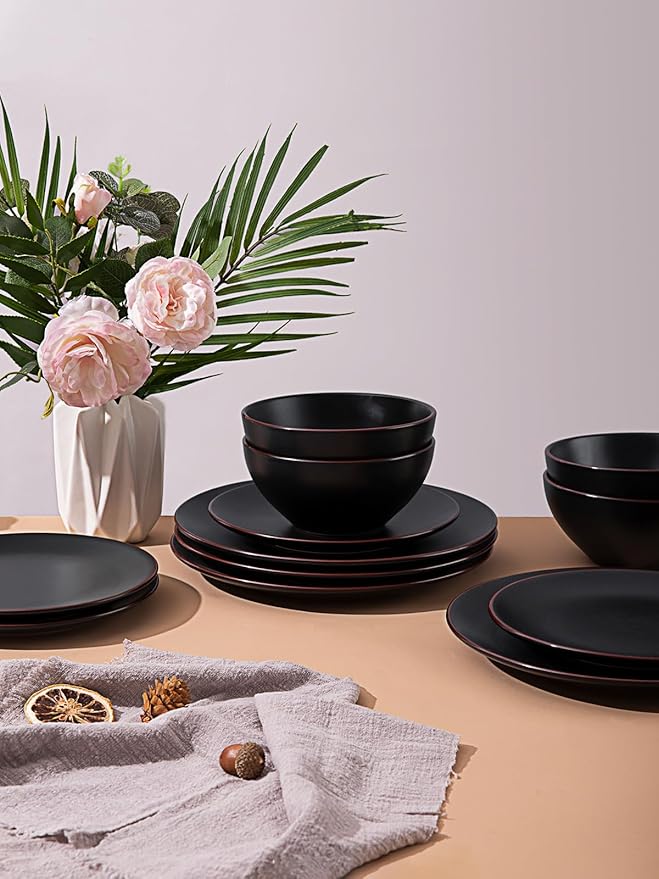 Famiware Venus Plates and Bowls Sets, 12 Pieces Stoneware Dinnerware Sets, Dishes Set for 4, Microwave and Dishwasher Safe, Matte Black