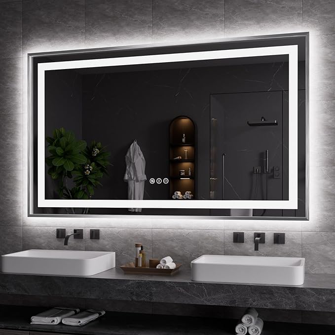 Amorho 60"X36" LED Bathroom Mirror, Brushed Nickel Framed Mirror with Front Light and Backlit, Stepless Dimmable, Anti-Fog, Shatter-Proof, Memory, 3 Colors
