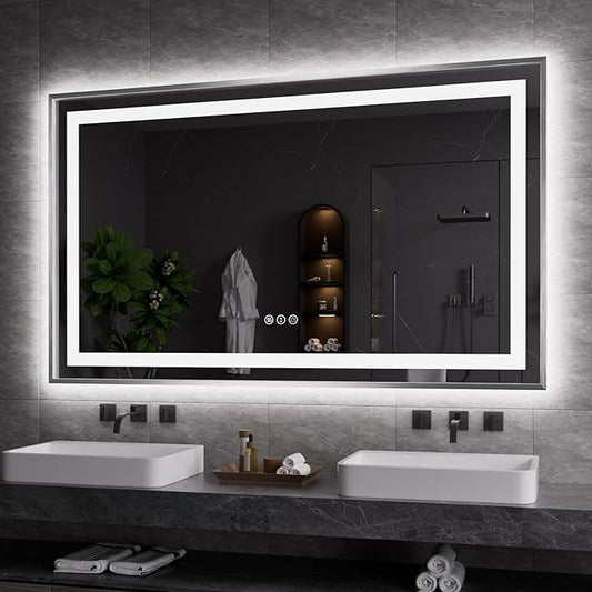 Amorho 60"X36" LED Bathroom Mirror, Brushed Nickel Framed Mirror with Front Light and Backlit, Stepless Dimmable, Anti-Fog, Shatter-Proof, Memory, 3 Colors