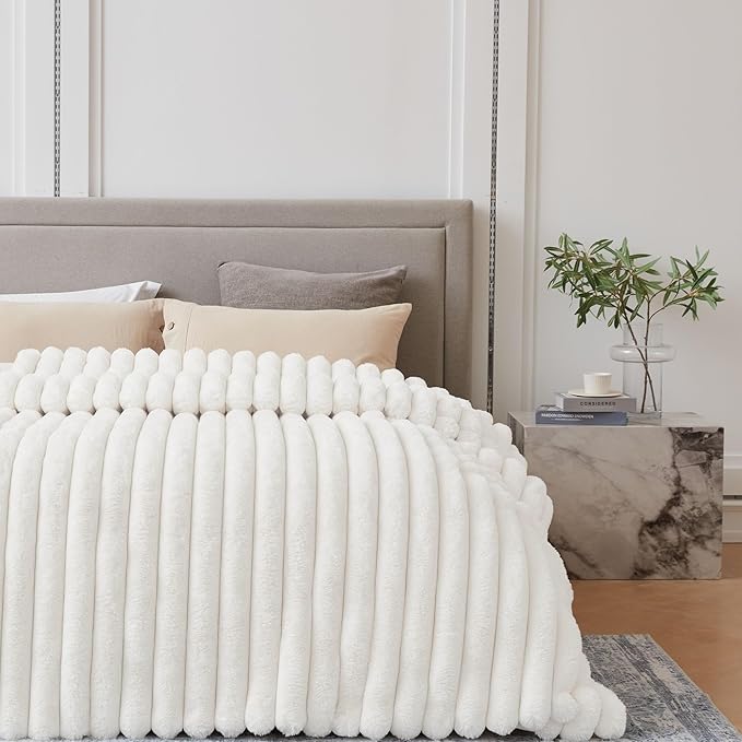 Faux Fur Throw Blanket for Couch, Cozy Warm Plush Striped Blanket for Sofa Bedroom Living Room, 50x60 Inches Cream White