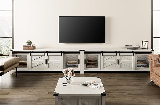 WAMPAT Modern Wood Entertainment Center for ups to 100 inch TV, Set of Two 70" Sliding Barn Door Media TV Console Table with Storage Shelf for Living Room Bedroom，Antique White