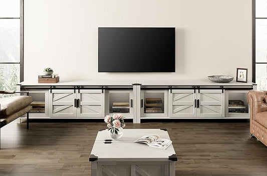 WAMPAT Modern Wood Entertainment Center for ups to 100 inch TV, Set of Two 70" Sliding Barn Door Media TV Console Table with Storage Shelf for Living Room Bedroom，Antique White