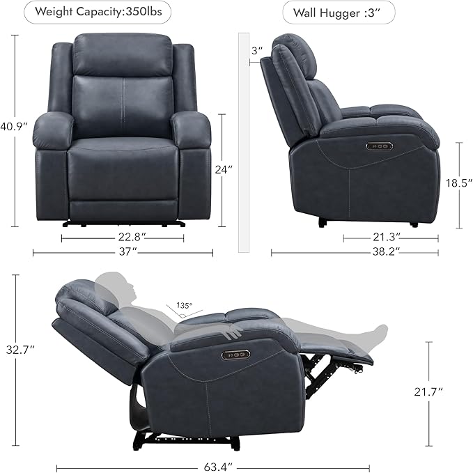 Watson & Whitely Genuine Leather Power Recliner Chairs for Adults, Wall Hugger RV Recliner with Power Headrest & Charging Ports, Electric Recliner Sofa Chair for Living Room, Navy