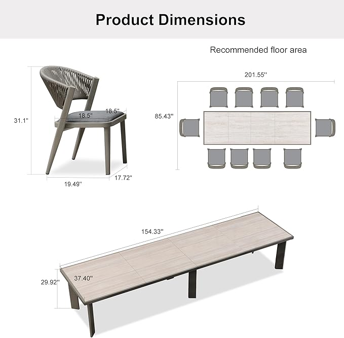 PURPLE LEAF 13-Piece Patio Dining Set Outdoor Furniture Rectangular Table and Chairs Set with Aluminum Frame and Wicker Rattan for Garden Deck Backyard Kitchen Gray Outdoor Set