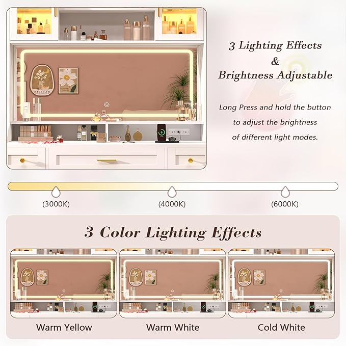 75" Vanity Desk with Mirror and Lights, Makeup Vanity with 5 Drawers & 2 RGB Door, White Vanity with Charging Station, Big Vanity Table with Lighted Mirror, 3 Color Lighting Modes, for Bedroom