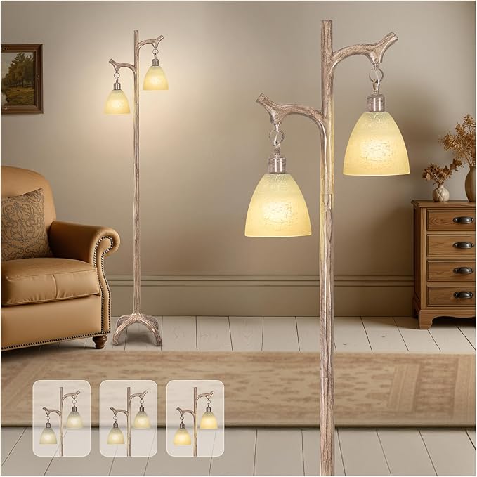 68" Farmhouse Floor Lamp with Glass Shade for Living Room, Vintage Standing Lamp for Bedroom, Rustic Floor Lamp Stepless Dimmable Tree Trunk Tall Lamp for Home Room Office Decor (Bulb Included)