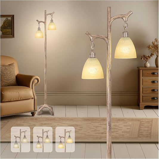 68" Farmhouse Floor Lamp with Glass Shade for Living Room, Vintage Standing Lamp for Bedroom, Rustic Floor Lamp Stepless Dimmable Tree Trunk Tall Lamp for Home Room Office Decor (Bulb Included)
