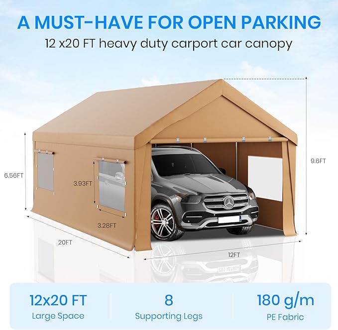 Carport 12x20 Heavy Duty Portable Garage,Carport Canopy with Roll-Up Windows & Doors,Portable Garage and Shelter with Removable Sidewalls,Car Tent Garage with All-Season Tarp for Tractor Truck Boat