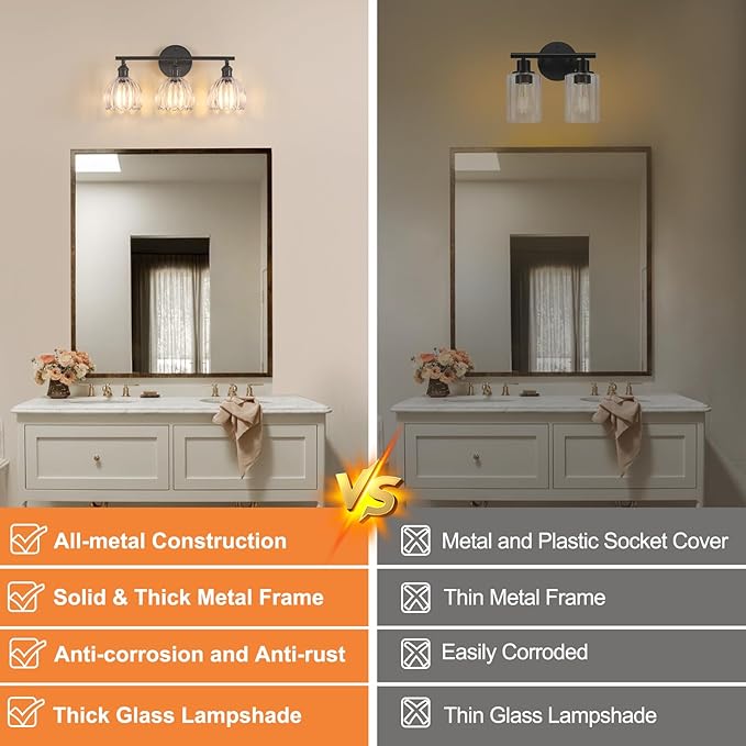 Bathroom Light Fixtures, 3-Light Black Vanity Wall Light Over Mirror with Clear Tulip Glass Shade for Bedroom Living Room
