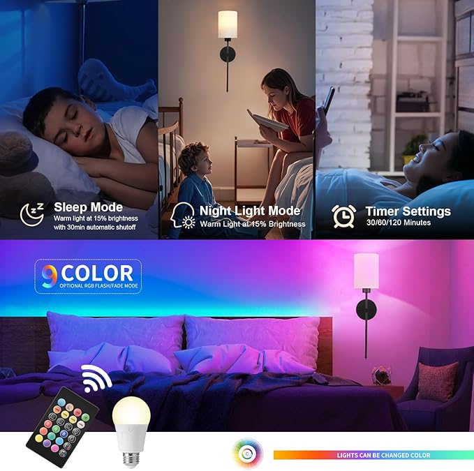 Battery Operated Wall Sconces Set of Two,Wireless Rechargeable Wall Light With Remote Control, Dimmable, 1800K/3000K/4000K/6000K/RGB, Timer, for Living Room, Bedroom, Fireplace, TV, 23.6 Inch Black