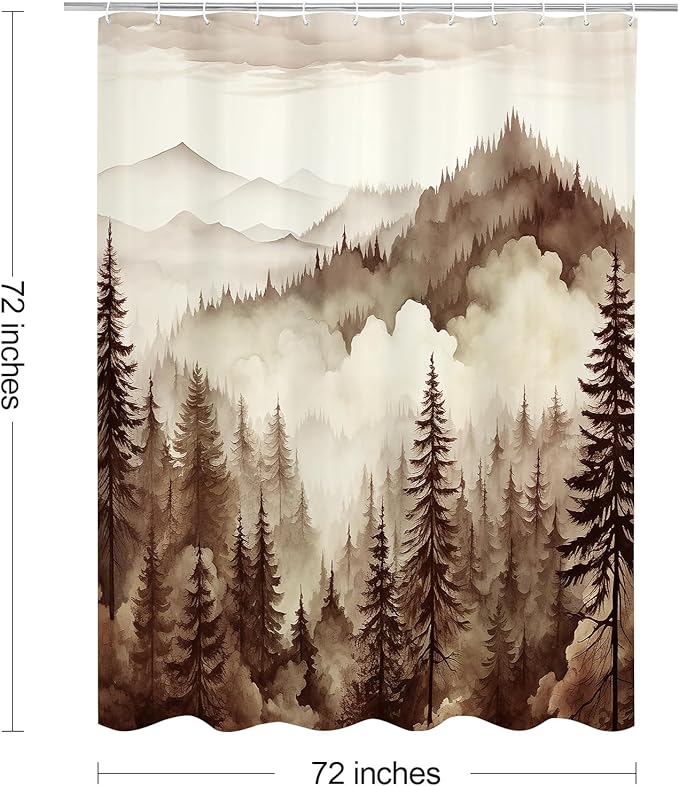 Brown Misty Pine Forest Shower Curtain, Tan Mountain Foggy Woodland Scenery Tree Shower Curtains for Chic Rustic Bathroom, Abstract Modern Waterproof Nature-Themed Decor, 72x72 Inches