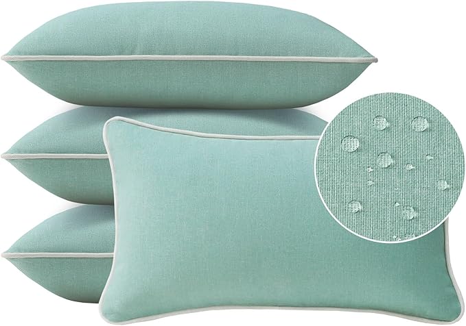 Decorative Outdoor Water Repellent Throw Pillows with Inserts, Set of 4, 20" x12" Pillows for Patio, Backyard, Bed, Couch, and Patio Furniture, Aqua Green