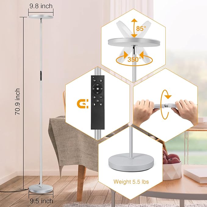 OUTON Floor Lamp, 30W/3000LM LED Modern Torchiere Sky Lamp, Super Bright Dimmable Standing Tall Lamp with 4 Color Temperatures, Remote Touch Control, Timer for Living Room Bedroom Office, Silver Grey