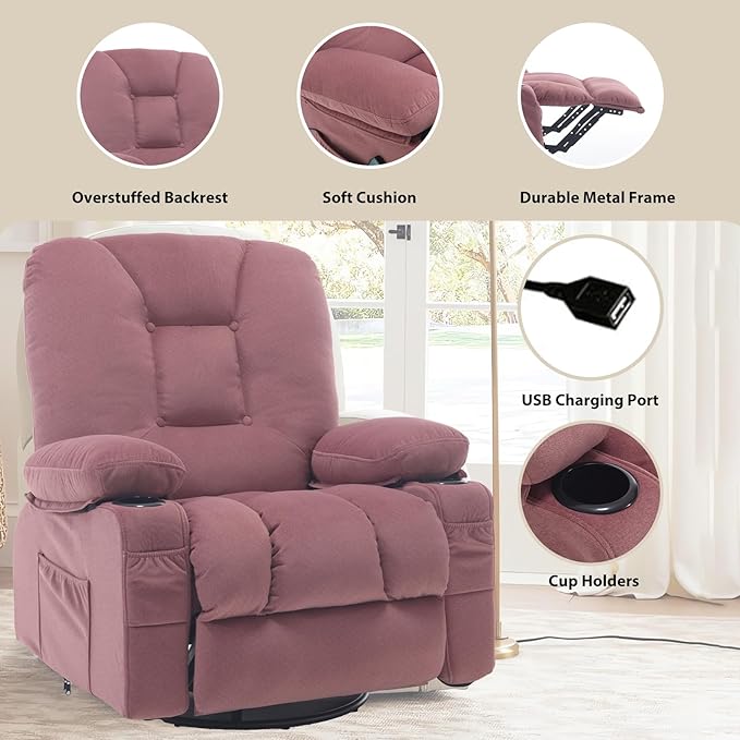Recliner Chairs for Adults, Pink Rocker Recliners with Massage and Heat, Overstuffed Fabric Swivel Glider with Cup Holder Side Pocket, Manual Reclining Single Sofa Chair for Living Room