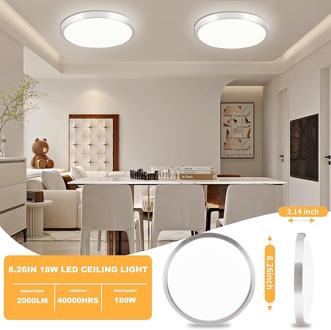 Dimmable LED Flush Mount Ceiling Light Fixture with Remote Control，8 Inch 18W Silver Round Close to Ceiling Lights for Bedroom, Kitchen,3000K-6500K 3 Light Color Adjustable 2 Pack