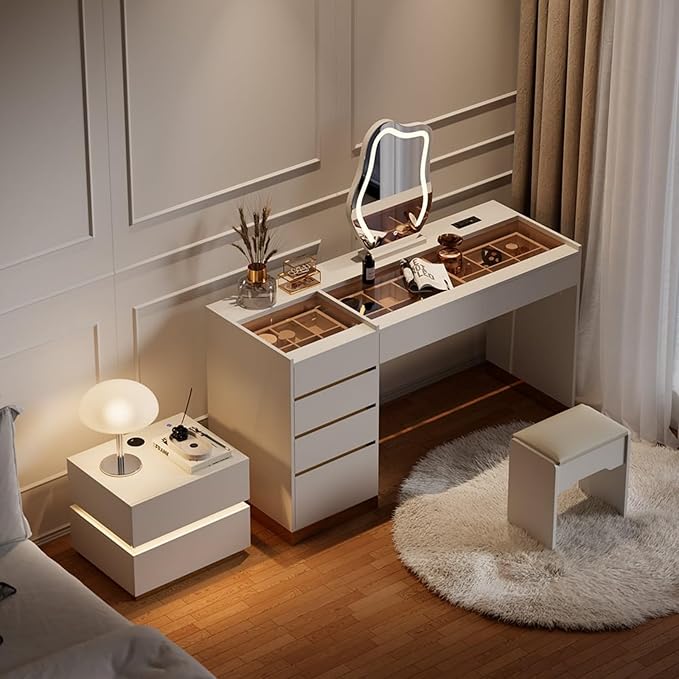 homary Vanity Desk Set with LED Mirror, Makeup Vanity with Power Outlet and Tempered Glass Top, Makeup Table with 6 Drawers, 3 Lighting Modes Vanity Table with Chair for Bedroom (White)