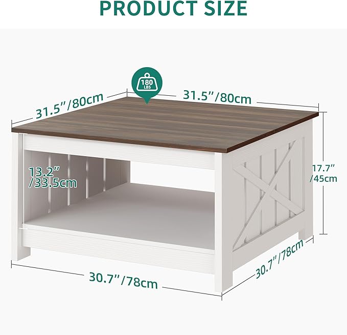 YITAHOME Coffee Table Farmhouse Coffee Table with Storage Rustic Wood Cocktail Table, Square Coffee Tables for Living Meeting Room with Half Open Storage Compartment, Brown with White