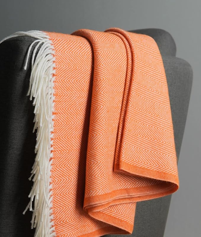 BOURINA Decorative Herringbone Faux Cashmere Fringe Throw Blanket Lightweight Soft Cozy for Bed or Sofa Farmhouse Outdoor Throw Blankets, 50" x 60" Orange