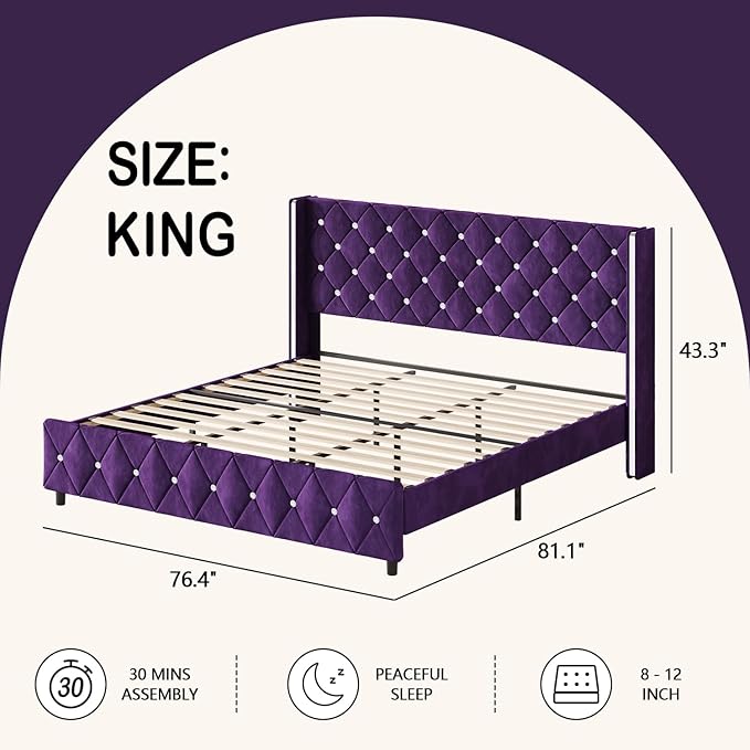 HOMBCK King Bed Frame with Headboard, Upholstered Platform Bed with Wingback Design, Modern Diamond Bed Frame with Tufted Deep Button, No Box Spring Needed, Easy Assembly, Purple