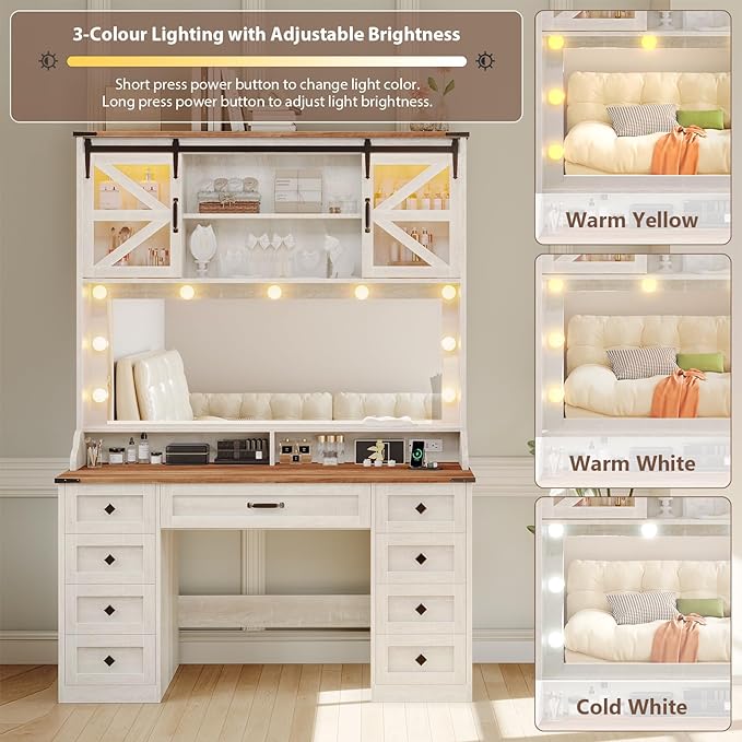 Farmhouse Makeup Vanity with 9 Drawer, Vanity Desk with Mirror and Lights 3 Colors, 75.2" Large Vanity with 2 Sliding RGB Barn Door,Storage Shelves,Power Outlets for Bedroom,Antique White