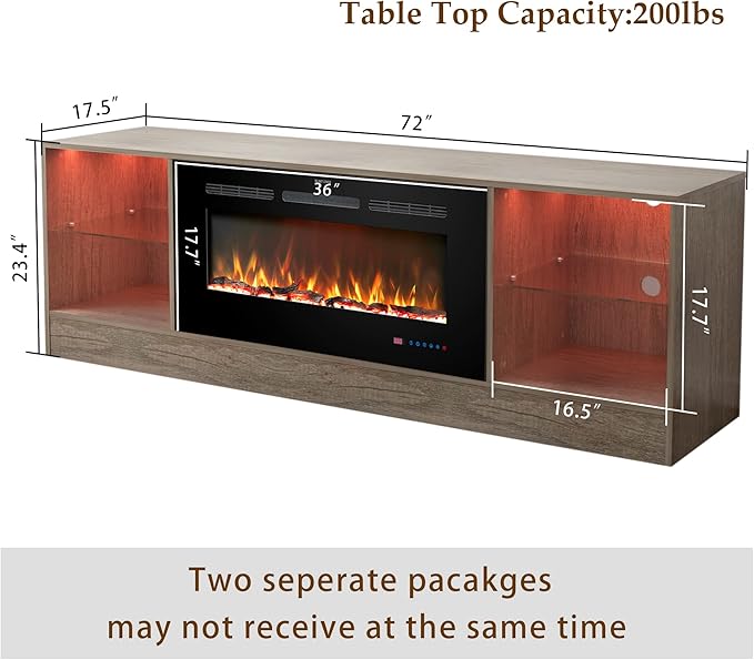 72" Fireplace TV Stand, Entertainment Center with 36" Electric Fireplace, LED Light Wood Storage Cabinet Table, Media Console for TVs Up to 80", Thermostat, 13 Flame Colors, Grey