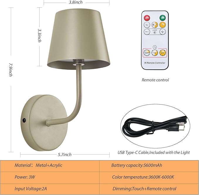 LED Wireless Wall Lamp Set of 2, with 5600mAh Rechargeable Battery Powered Wall Sconces, Touch For Remote Control Infinite Dimming Be used for Bedroom Mirror Living Room Wall Painting(Apricot)