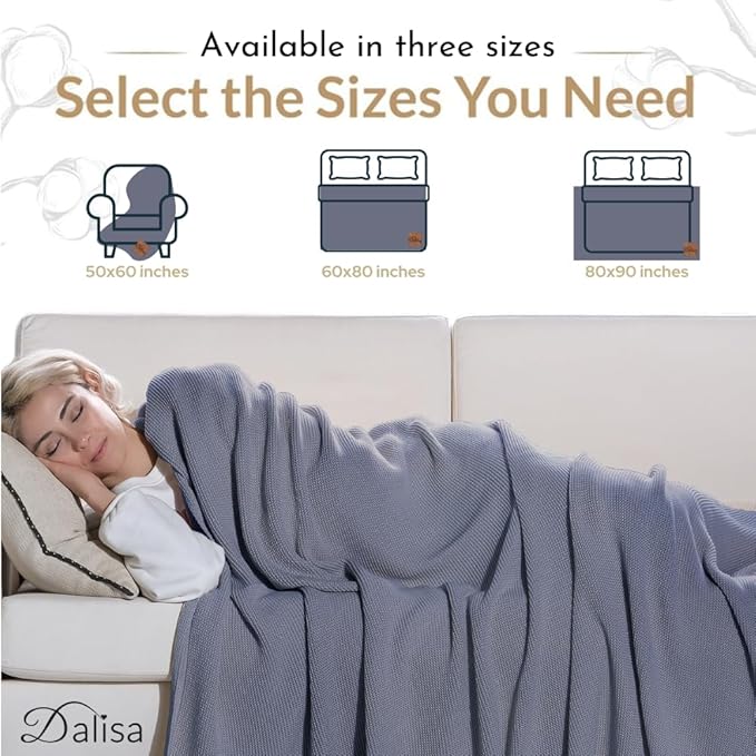 Dalisa 100% Organic Turkish Cotton Throw Blanket - GOTS Certified, Cozy - Perfect for Couch, Bed, and Home Decor - Boho Vintage Knit Alina (Grey Blue, 50x60)